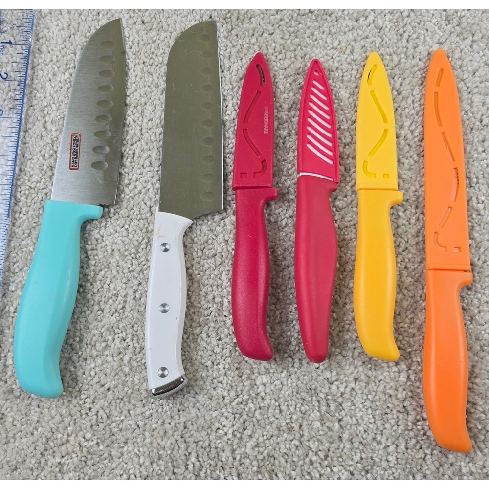 Farberware 6-Pc Colorful Kitchen Knife Lot Santoku Utility w/ 3 Blade Guards